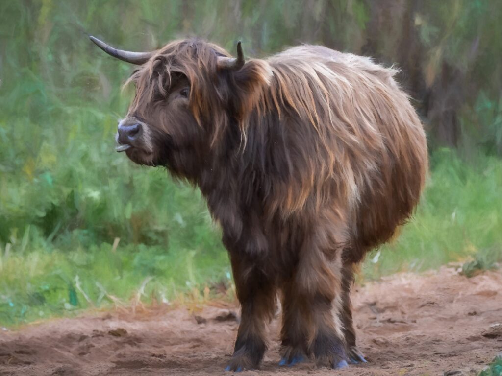 Digital painting of a beautiful horned Scottish Highland Cow in a natural countryside setting.